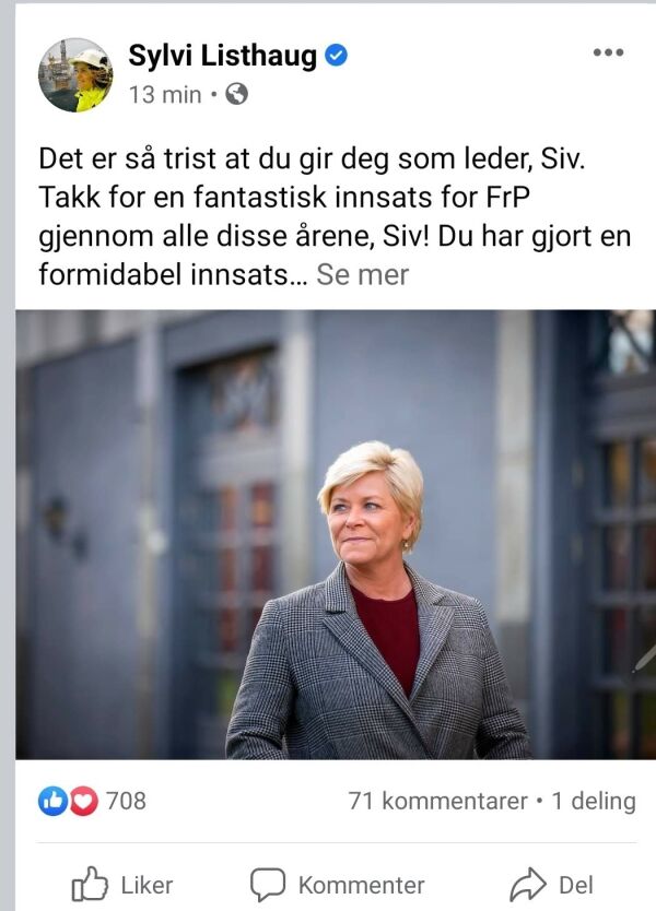 Sylvi: Trist at Siv gir seg