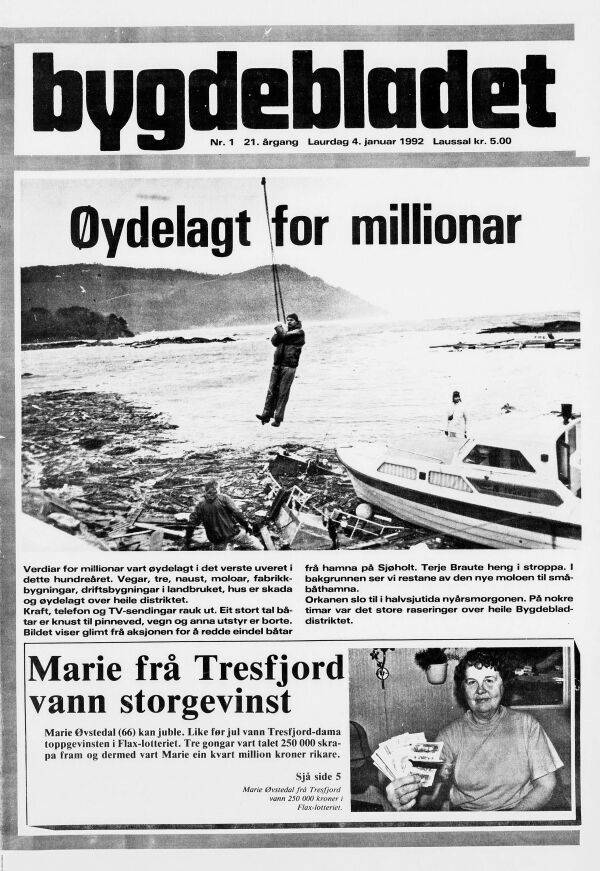 Nyttårs-orkanen 1992 - Sjå reportasjane frå bb-distriktet