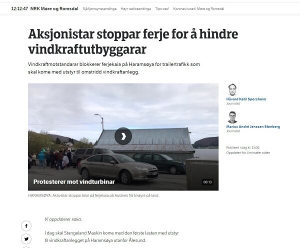 NRK: Vindkraftaksjonistar stoppar ferje på Haramsøya
