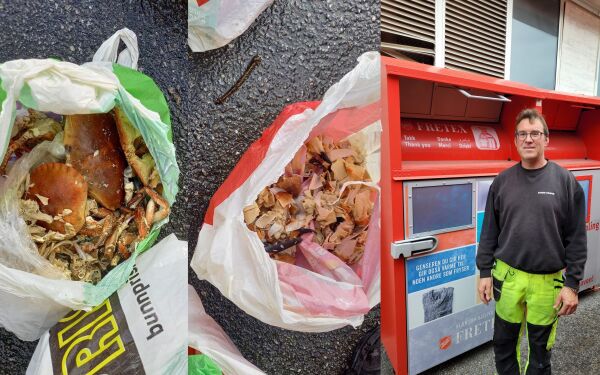 Avfall frå krabbefest i Fretex-container